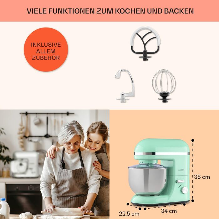 Klarstein 5L Stand Mixer - 2000W Kitchen Machine with Dough Hook & Whisk - 6 Speed Universal Mixer for Baking & Cooking (Green)
