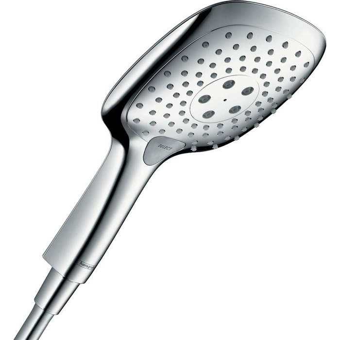 Hansgrohe Raindance Select E Showerhead, Hand Shower with Square Shower Arm (150 x 150 mm), Showerhead with Anti-Limescale Function, 26550000 (3 Spray Patterns with Water-Saving Function, Chrome)