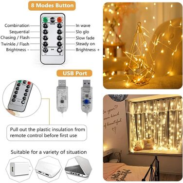 Лампочки-завіса 3x3м, 300 LED, USB, 8 режимів, пульт, IP65, тепле світло, для декору, свята, вечірки