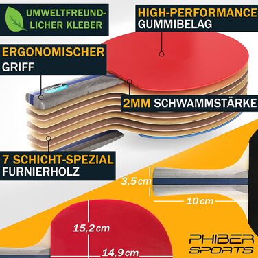 Набір для настільного тенісу PHIBER-SPORTS: 4 ракетки, 8 м'ячів, сумка | Для гри в приміщенні та на вулиці | Підходить для початківців, сімей та професіоналів