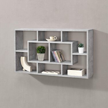 Настінна полиця en.casa Saputit 85x16x48 см, 8 секцій, книжкова полиця, підвісна, для офісу, у стилі ретро, сірий бетон