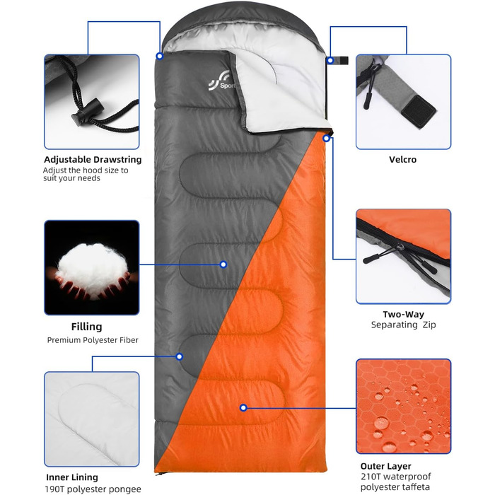 Сплячий мішок Outdoor Sportneer для кемпінгу: 3-4 сезонний, ультралегкий, 220x75 см, для дорослих