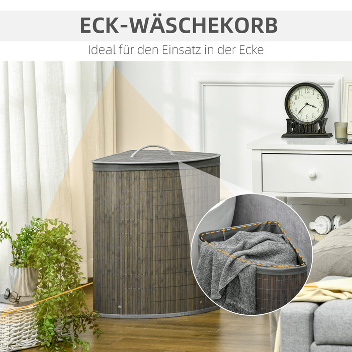 HOMCOM Rectangular Bamboo Laundry Basket 55L with Lid and Removable Bag 38 x 38 x 57 cm Grey | Aosom