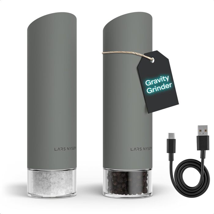 Електричні млини для солі та перцю LARS NYSØM Gravity Grinder - Набір з двох млинів, USB-C, регулювання помелу, для кухні (сірий)