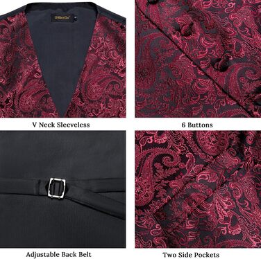 Набір DiBanGu для чоловіків: шовкова жилетка та краватка з візерунком Paisey, бант, формальна жилетка для весілля, вечірки, 6 шт. (L, Бордовий)