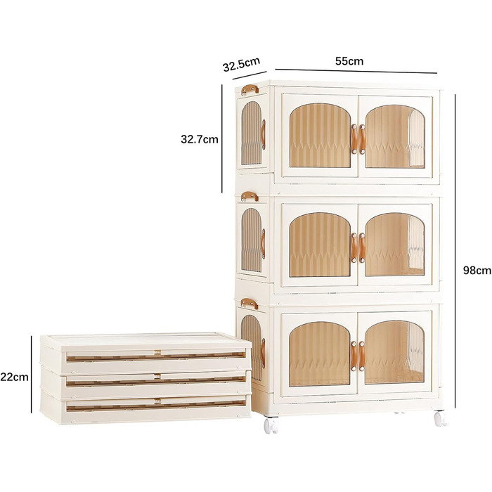 Foldable Kitchen Cabinet 98cm Storage Cabinet with 3 Doors and Wheels, Kitchen Cabinet for Living Room, Kitchen, Office, Large White