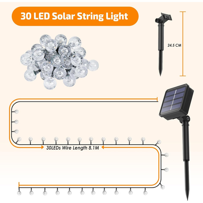 Сонячна гірлянда для зовнішнього використання, 60 LED, 13.2 м, 8 режимів, IP65, тепле світло. Підходить для балкона, тераси, саду, прикраси на Різдво та свята