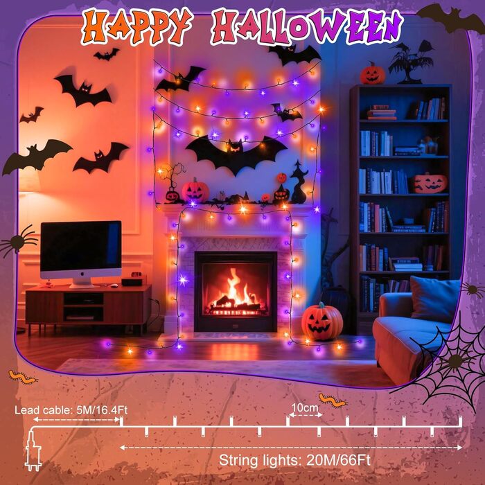 Льо́нги́ гірля́нда для прикраша́ння на Рі́здво, 200 LED, живлення від мережі, таймер, 8 режимів, вологостійка, для ялинки, саду, внутрішнього та зовнішнього використання, тепле біле світло (оранжево-фіолетовий), 20 метрів