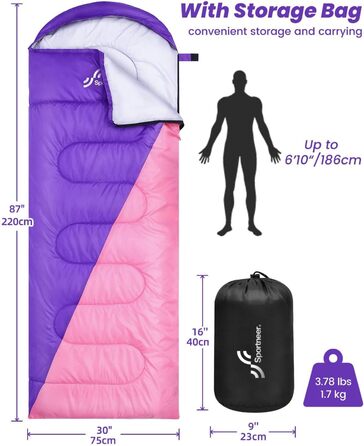 Сплячий мішок Outdoor Sportneer для кемпінгу: 3-4 сезонний літній спальний мішок, зимовий спальний мішок, компактний, портативний, ультралегкий для дорослих, фіолетовий+рожевий, 220x75 см
