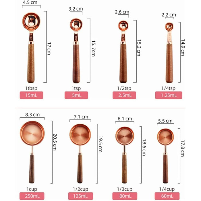 8-Piece Stainless Steel Measuring Spoon Set with Walnut Handle, Copper Measuring Cup Set for Baking and Cooking