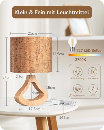 EDISHINE Дерев'яна Настільна Лампа з абажуром з льону, E27, для вітальні, спальні, в стилі кантрі [Енергоклас F], колір: корічневий