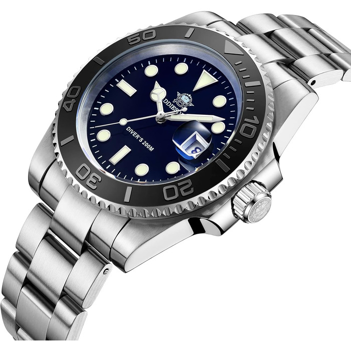 Годинник чоловічий ADDIESDIVE з кварцовим механізмом, аналоговий, водостійкий 20bar, з нержавіючої сталі, великий, зі світловідбиваючим покриттям (морський блакитний)