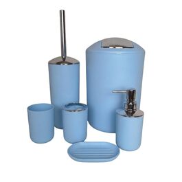 Набір аксесуарів для ванної кімнати 6 предметів, пластик, блакитний: туалетний йоржик, кошик для сміття, стакан для зубних щіток, мильниця, дозатор для мила, декоративна тарілка