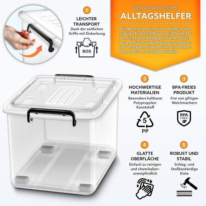 tillvex® Storage Boxes with Lid, 4-Piece Set - 13 Liters, Food Safe | Plastic Boxes Set Stackable | Storage Organization System Box Large | Storage Boxes Clothes Boxes 100% New Material
