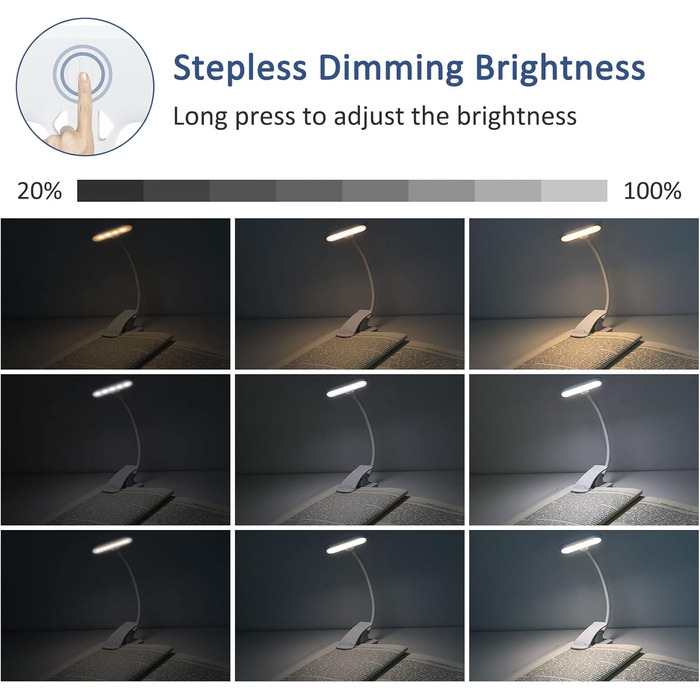 LED лампа для читання з кліпсою, USB, 9 світлодіодів, 3 режими температури кольору (теплий/холодний/природний), регульована яскравість, 1.8W, для читання в ліжку, комп'ютер