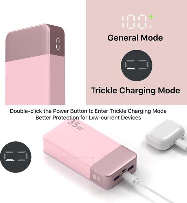 Power Bank NOBIS 20000mAh 35W з кабелем USB-C, рожевий | Портативний зарядний пристрій з цифровим дисплеєм