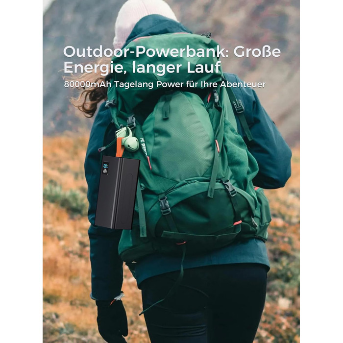 Powerbank Upgrade 70000 mAh з LED-дисплеєм: Швидка зарядка 30W, 5 виходів USB та 2 входи, для iPhone, кемпінгу