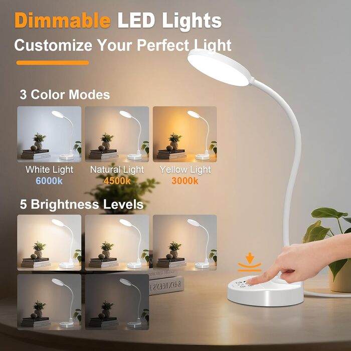 LED настільна лампа 15W з USB-A та USB-C – диммування, 3 колірні температури, 5 рівнів яскравості, таймер, гнусий 360° шийка, захист очей, для офісу та спальні (біла, 12 см)