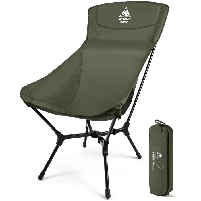Кемпінговий стілець OneTigris OASISFLEX складний, високий, до 150 кг, зелений Ranger. Стілець для риболовлі, туризму з бічними кишенями