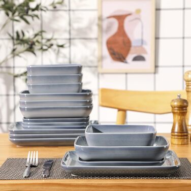 LOVECASA Сервіз набір Vibri, 16 частин, квадратний з каменю, сервіз для 4 осіб | Тарілки, чашки, десертні тарілки та миски, сірий, 16-частинний сервіз