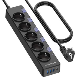 Мережевий фільтр Steckdoseleiste з індивідуальним керуванням, 5 розеток, 1 USB-C та 3 USB-A, захист від перенапруги (3680W/16A), дитячий замок, 3M кабель, чорний