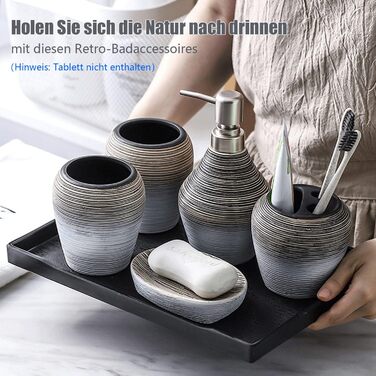 Набір аксесуарів для ванної кімнати в європейському стилі (5 шт.) з кераміки: дозатор для мила, тримач для зубних щіток, стакан, мильниця, сірники. Серія 'Retro', сірий, матовий.
