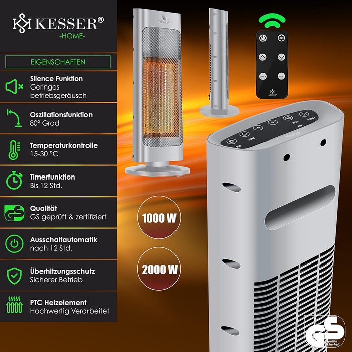 KESSER® Heater with Remote Control - Energy-Saving, Quiet, 2000W Ceramic Heater, Standing Heater, 15-30°C - Quick Heater with 80° Oscillation Function, 24h Timer, Tower Heater, Black