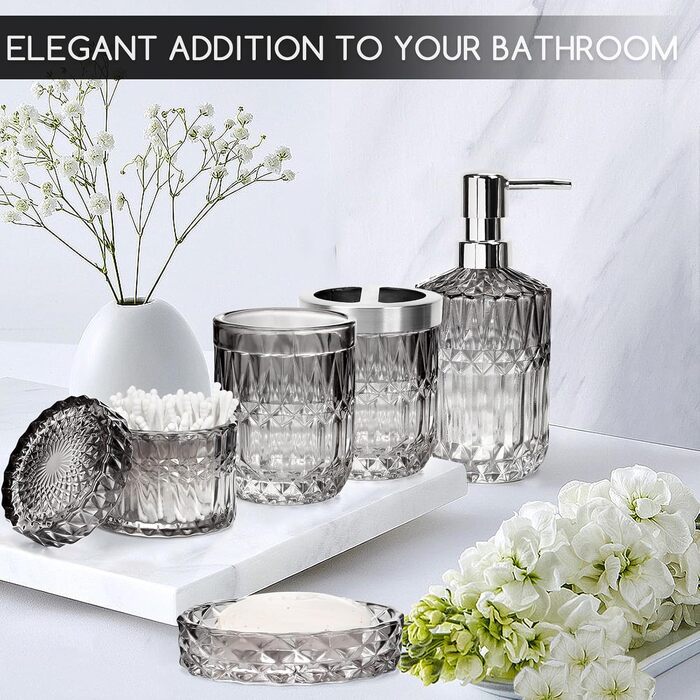 Набір аксесуарів для ванної кімнати 5 предметів: дозатор для мила та лосьйону, склянка для зубних щіток, стаканчик, мильниця, органайзер (чорний/прозорий) - сучасний декор для ванної, кухні, туалетного столика