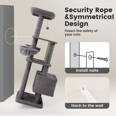 Кігтеточка-кімнатний комплекс Ґарднер Пет Катценбаум, 165 см, сіра. З платформами, кошиками та печерею для котів.