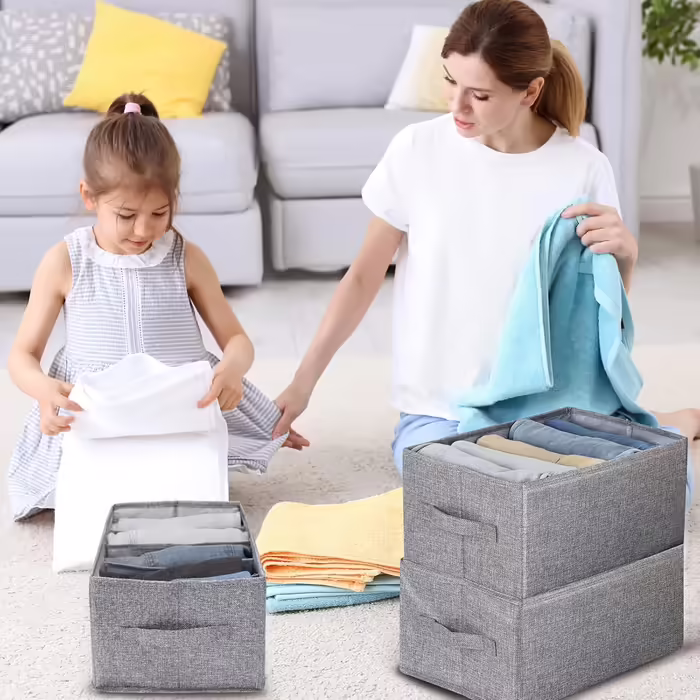 4 Piece Closet Clothes Organizer with Support Board, Foldable Jeans Organizer for Drawers, Washable Compartments, Closet Organizer and Storage Baskets for Jeans, 5 + 7 Grids, Grey (4 x 5 Compartments)
