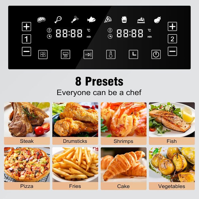 Фритюрниця повітряна LLIVEKIT з 2 камерами та вікном, 4.5л+4.5л, 9-в-1, XXL, без олії, з сенсорним екраном, таймером