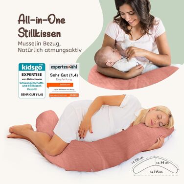 Подушка для вагітних Joyfill Stillkissen XXL, тестування акушерками, подушка для сну на боці, подушка для годування, м'яка муслінова наповнювач (Лосось, 170 см)