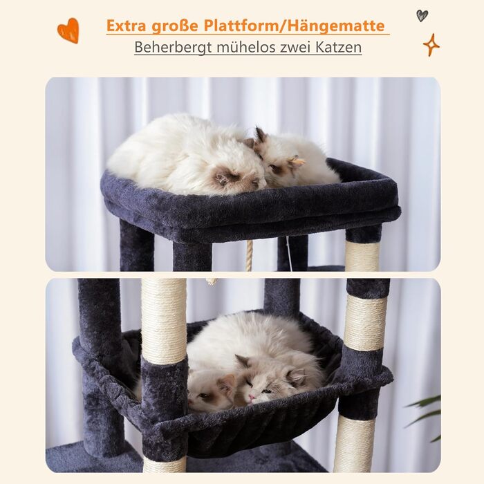 Котячий будиночок Heybly Kratzbaum з декою, для великих котів, котячий комплекс, великі платформи, гніздо, 50 x 50 x 153 см, HCT050MU (димно-сірий)