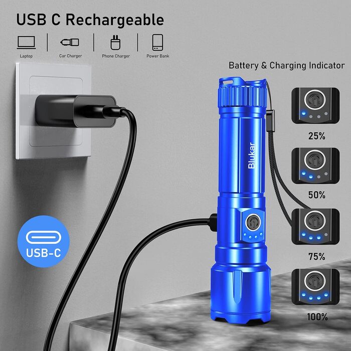 Ліхтарик Blukar LED акумуляторний, надзвичайно яскравий, з регулюванням фокусу, 5 режимів, водонепроникний IP67, для кемпінгу, туризму, риболовлі та надзвичайних ситуацій (Блакитний)