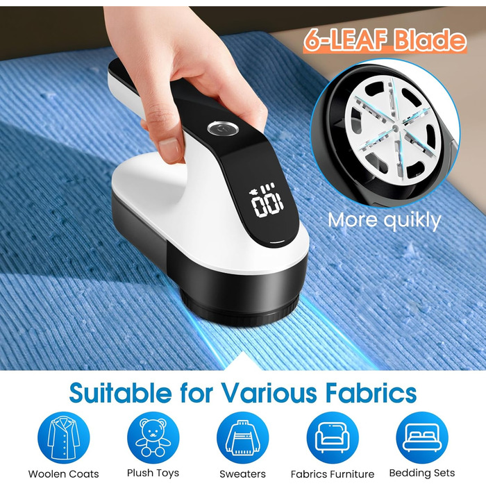 Електричний видалення ворсу Maxtachi - бездротовий зніматич ворсу для одягу з LED-дисплеєм, 6-клинковий ніж, для всіх тканин, чорний