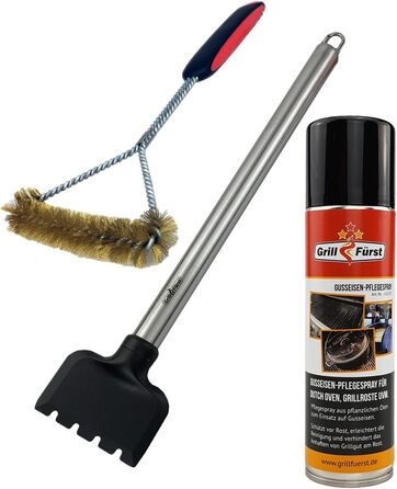 Grillfürst Premium Grill Brush for Cast Iron Grates with Brass Bristles, Cast Iron Care Spray, Special Scraper