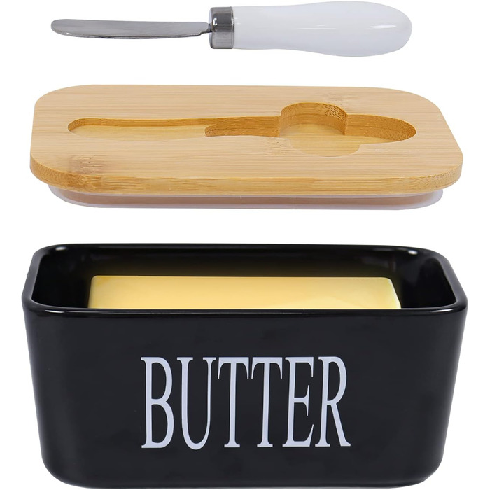 Porcelain butter dish with lid, airtight silicone butter keeper for butter, nuts, cheese, plus butter spreader.