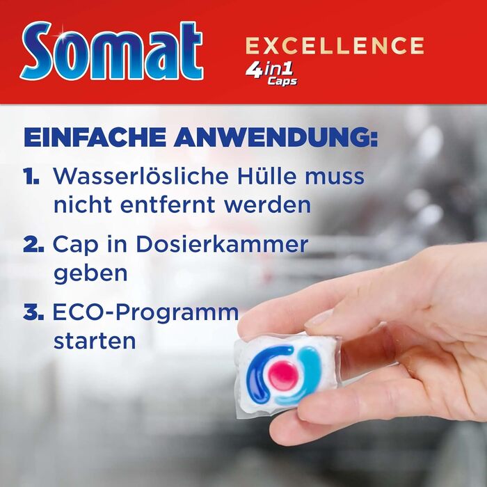 Капсули для посудомийної машини Somat Excellence 4in1, для ідеального очищення та блиску, підходять для Eco-режиму та низьких температур, 20 шт.