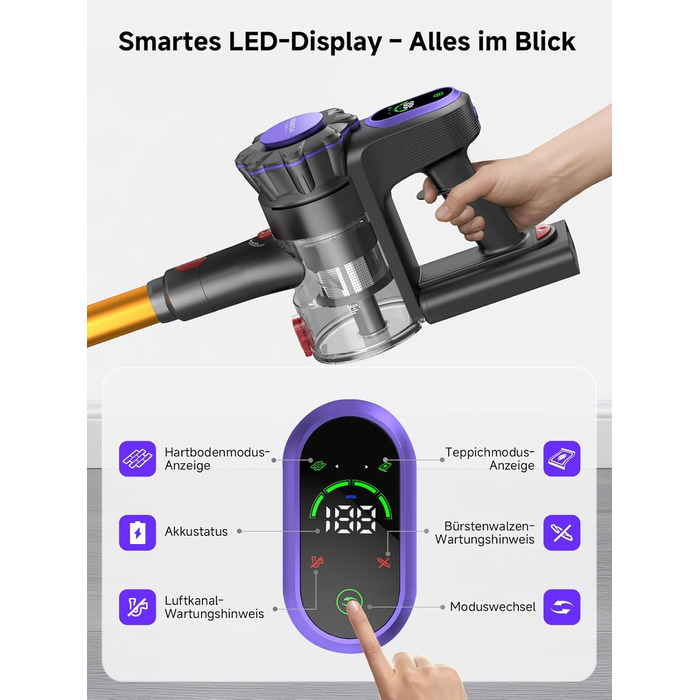 MONSGA Бездротовий акумуляторний пилосос з дисплеєм, 45000Pa, 50 хвилин роботи, антизаплутана щітка, самостійна парковка, док-станція на стіні, 8-шарова фільтрація, безщітковий двигун, для твердих поверхонь, килимів, шерсті тварин, авто