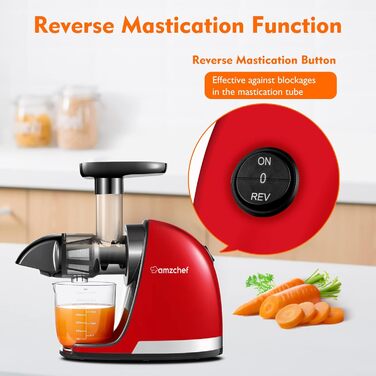 AMZCHEF Juicer for Vegetables and Fruits - Slow Juicer with Reverse-Chewing Function - Gentle Crushing without Filtering - Electric Juicer with Brush and 2 Cups - Rojo