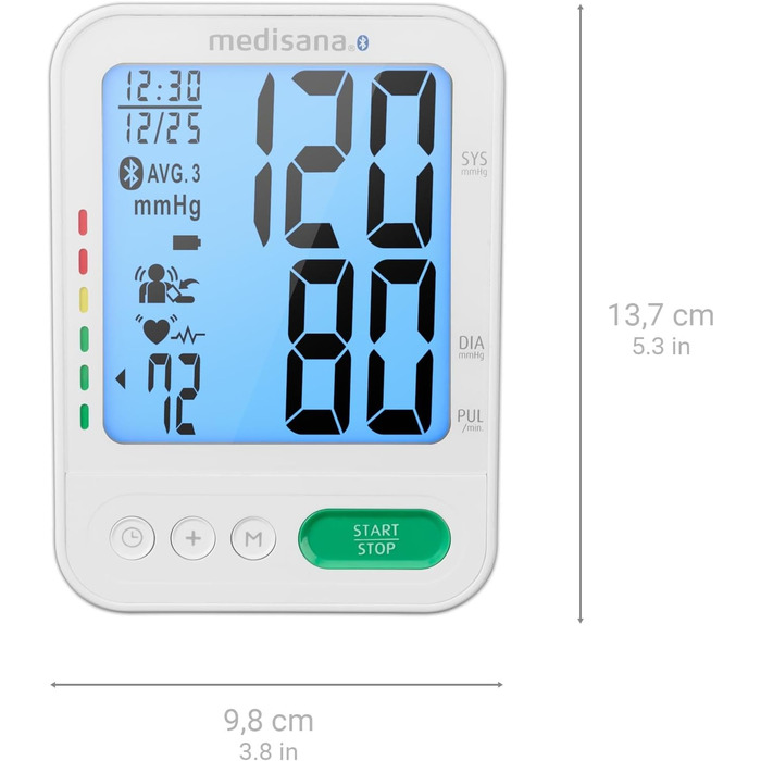 Тонометр Medisana BU 584 для вимірювання тиску на плечі, точний вимір тиску та пульсу, з додатком для аналізу та збереження даних, індикатор кольорами, виявлення та попередження про аритмію