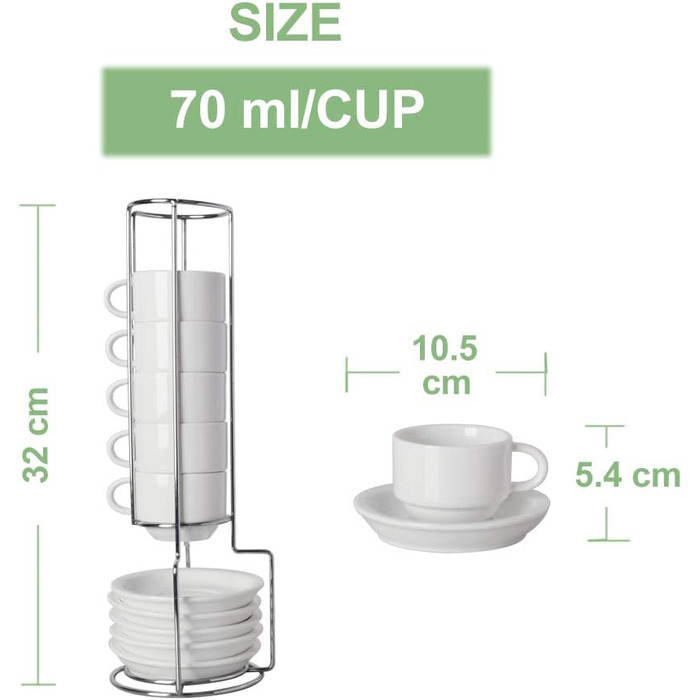 Набір чашок еспресо Sweejar Home з підставками, 6 шт., 70 мл, порцеляна, чорний, для кави, мокко, лате, чаю