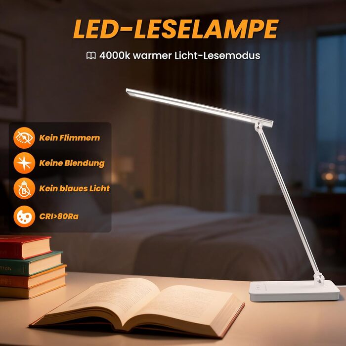 LED лампа для столу Akynite з регулюванням яскравості, USB, 2A адаптер, 5 кольорів, 10 рівнів яскравості, таймер, сенсорне управління, для дітей, білий