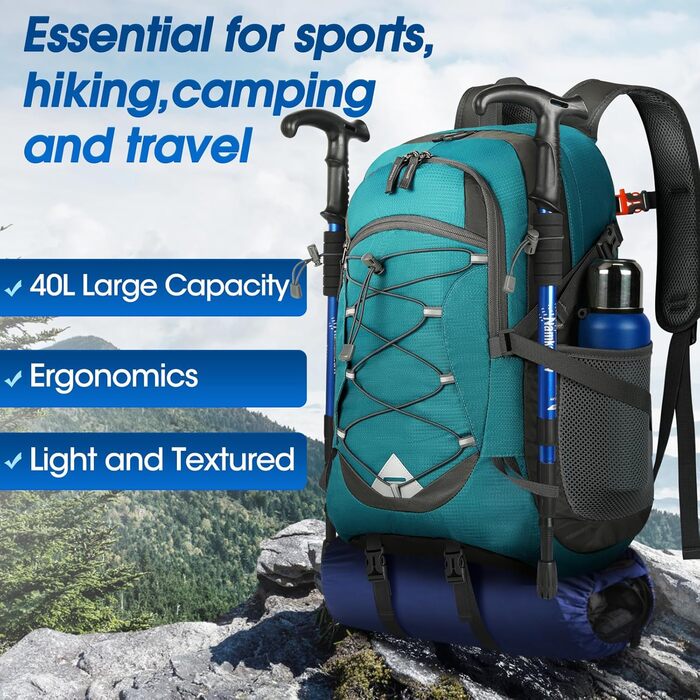 IGOLUMON Hiking Backpack for Men and Women, 40L Waterproof Backpack, Lightweight Foldable Travel Backpack, Trekking Backpack with Reflective Strips for Cycling, Climbing, Mountaineering and Travel Sports (Green)
