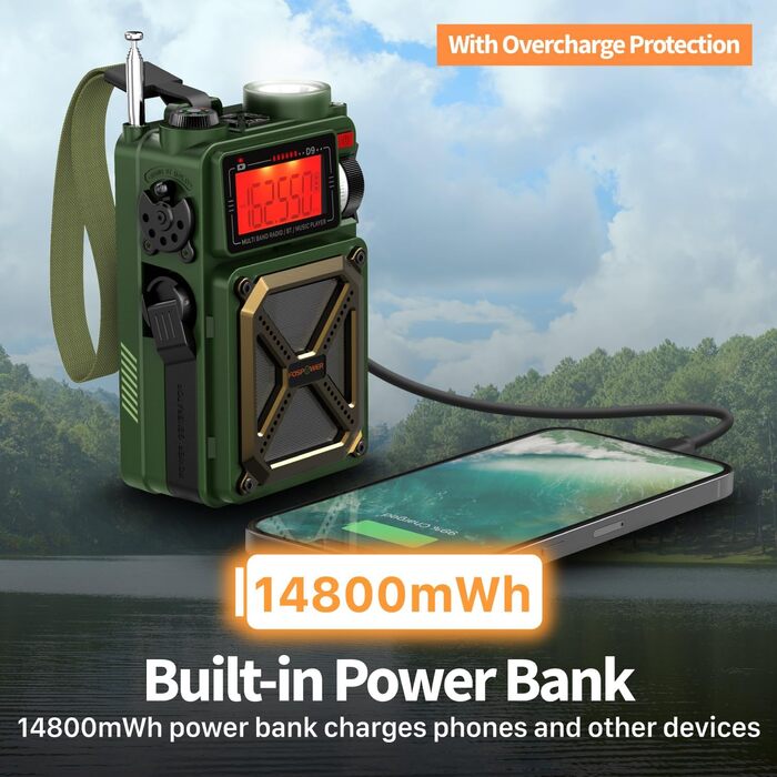Радіо на сонячній батареї FosPower D9 з ліхтариком, AM/FM/WB, Power Bank 4000 mAh - Темно-зелений