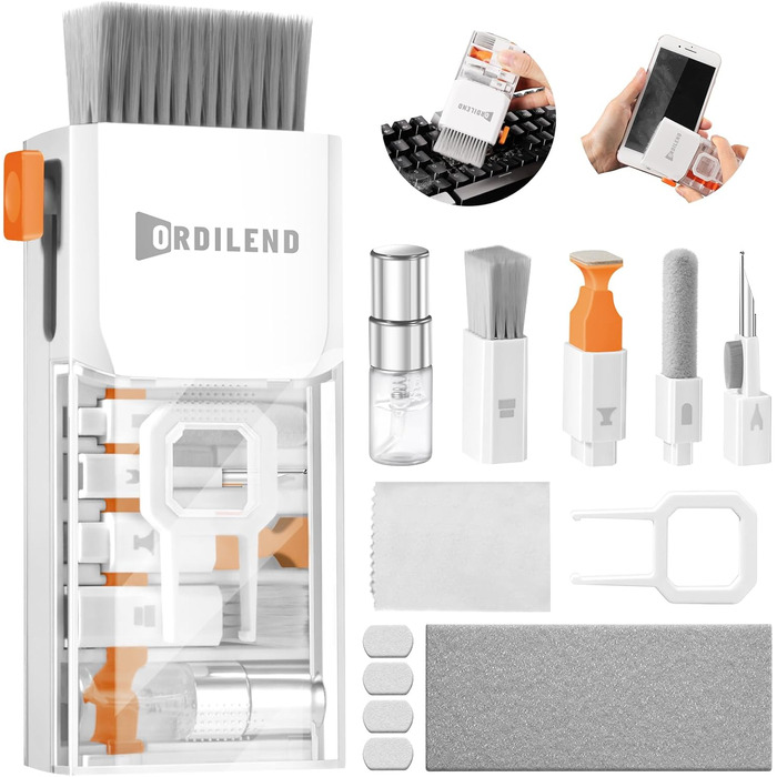 Набір для чищення клавіатури та гаджетів Ordilend: щітка, спрей, для ноутбука, телефону, планшета, ПК, монітора, камери