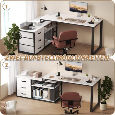 TRIUMPHKEY L-Shaped Desk with 3 Drawers & Storage - Reversible Corner Desk with USB Charging Ports & Outlets - White & Grey (140 x 105 x 75 cm)