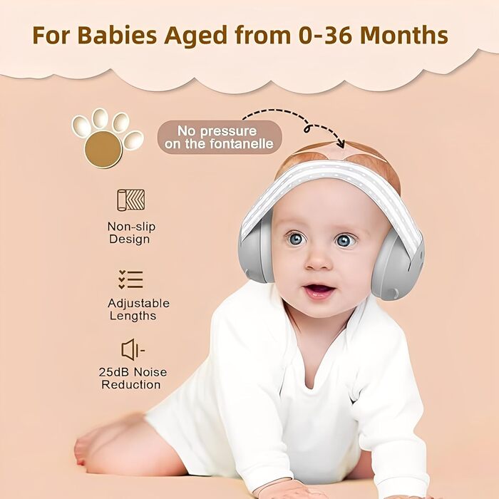 Навушники для захисту від шуму для малюків 0-36 місяців, високоякісні дитячі навушники з регульованим антиковзким стрічкою, ідеально підходять для повсякденного використання, сну та подорожей (Сірий)