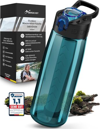 BERGKVIST® Outdoor Water Filter Bottle OBSIDIAN (650ml) with Compass - Filter Water Bottle for Clean Drinking Water - Water Purification for Camping, Prepper & Survival Gear (Turquoise)