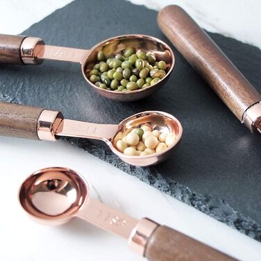 Ldawy Measuring Spoons Measuring Cups Stainless Steel Measuring Spoons 4-Piece Precision Kitchen Measuring Tool with Walnut Handle for Baking (Rose Gold)